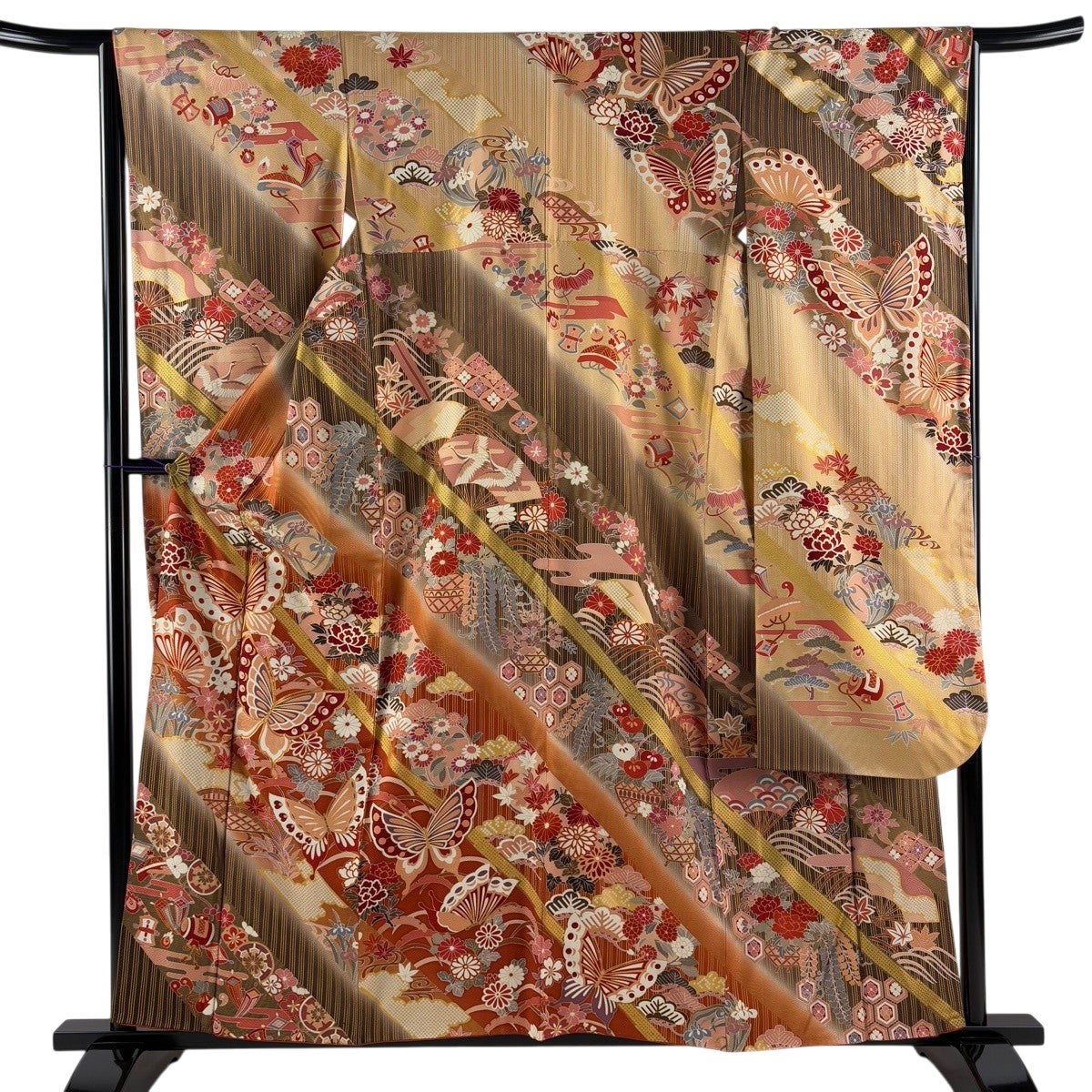 振袖 身丈153.5cm 裄丈64.5cm M 袷 扇 牡丹 金糸 金彩 赤茶 正絹 秀品