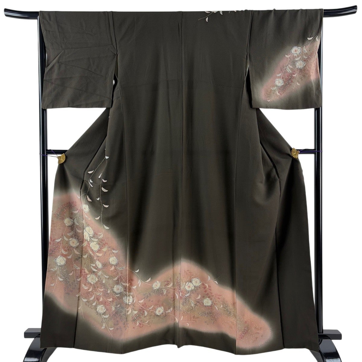 訪問着 身丈164cm 裄丈66.5cm M 袷 花唐草 絞り 黒 正絹 名品｜中古