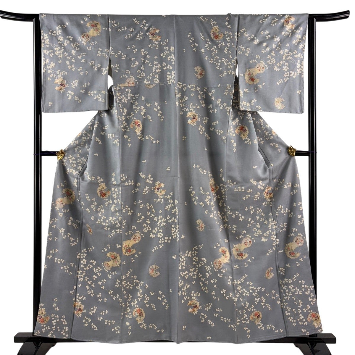 単衣　小紋　絞り　スモールサイズ　裄63 美品　(カ 小紋 身丈163.5cm 裄丈66cm M 単衣 源氏香 螢ぼかし 金彩 青灰色 正絹