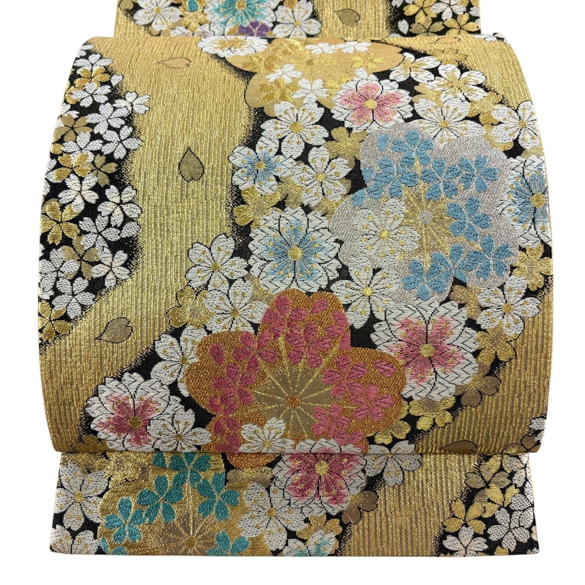 袋帯 秀品 やまと 桜 縞 金糸 箔 紫 六通 正絹｜中古・古着