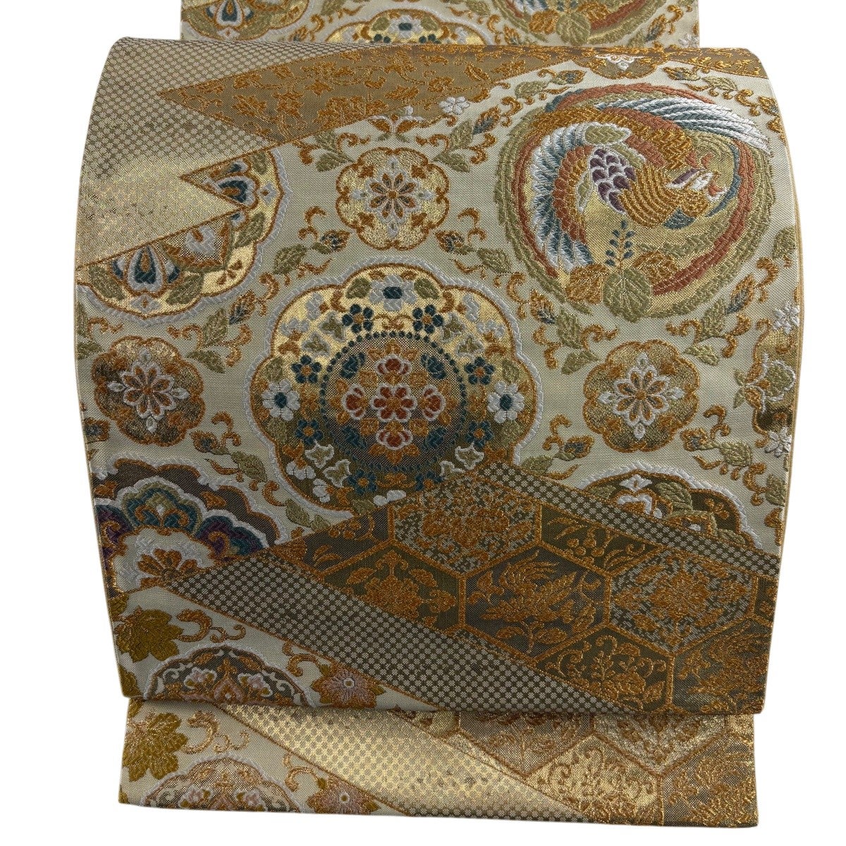 美品】 袋帯 名品 華文 鳳凰 金銀糸 箔 金色 六通 正絹｜中古・古着 