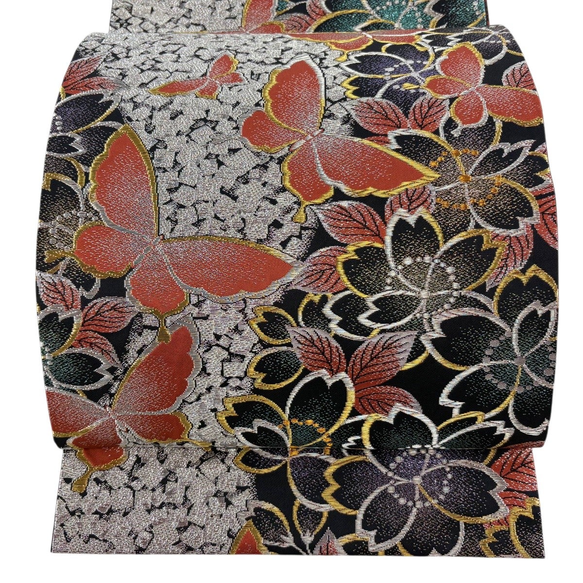 美品】 袋帯 秀品 桜 蝶 金銀糸 箔 緑 六通 正絹｜中古・古着