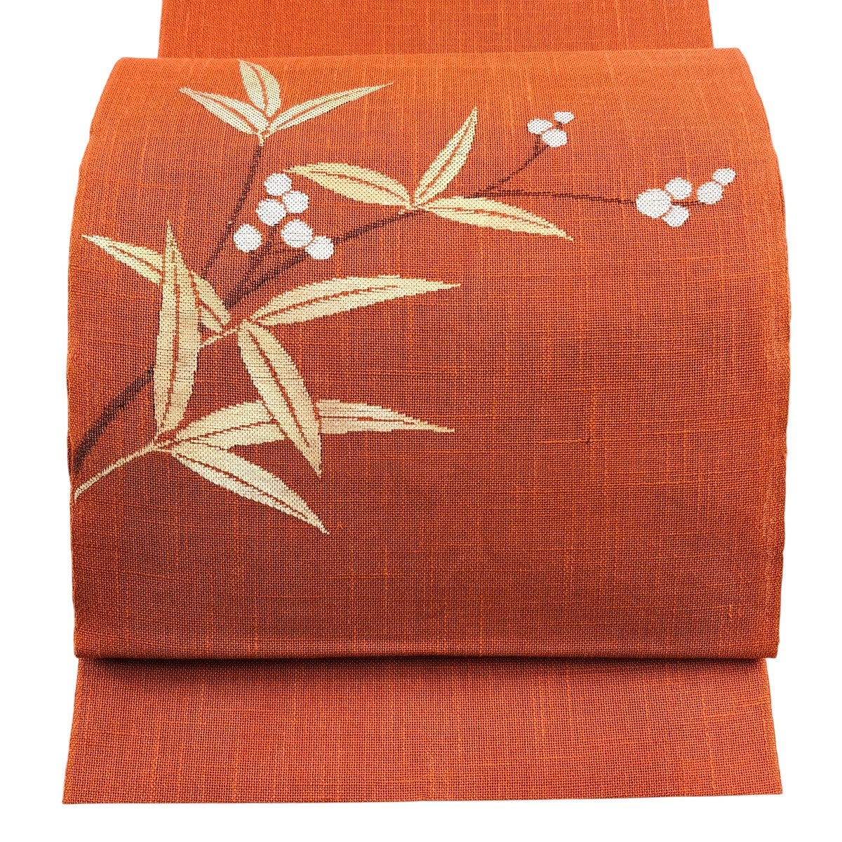 美品】 名古屋帯 秀品 落款あり 夏帯 夏紬地 草花 笹 灰白 正絹｜中古
