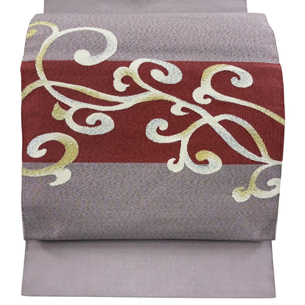 名古屋帯 秀品 松葉仕立て 八寸名古屋帯 花唐草 金糸 茶色 正絹｜中古