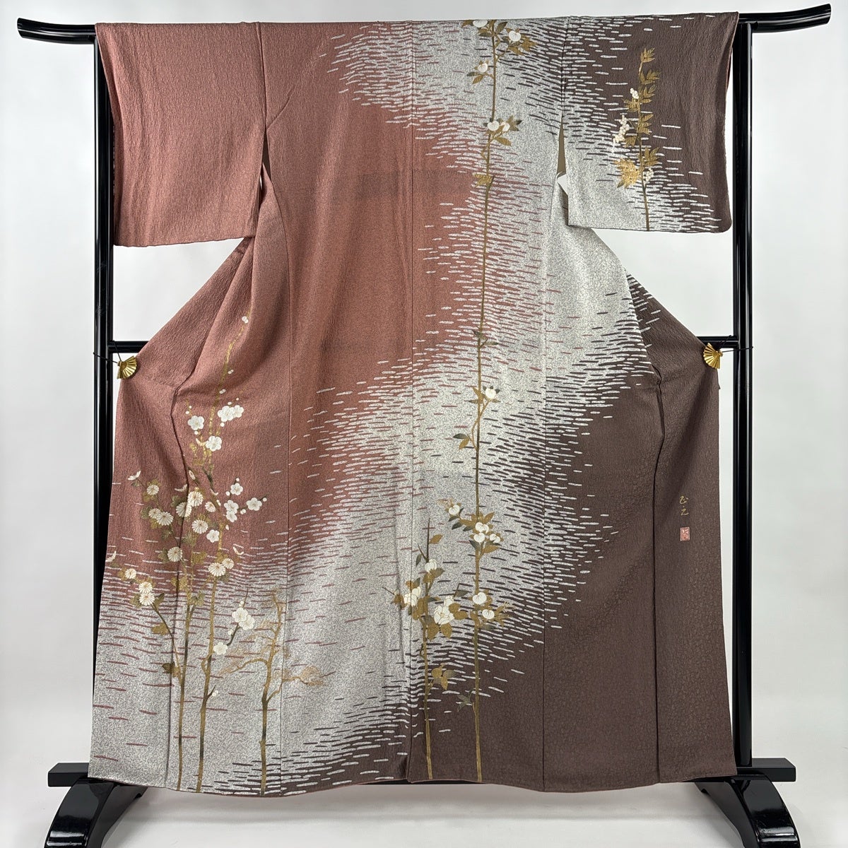 訪問着 身丈161.5cm 裄丈65cm M 袷 落款あり 菊 枝梅 金銀彩 ピンク