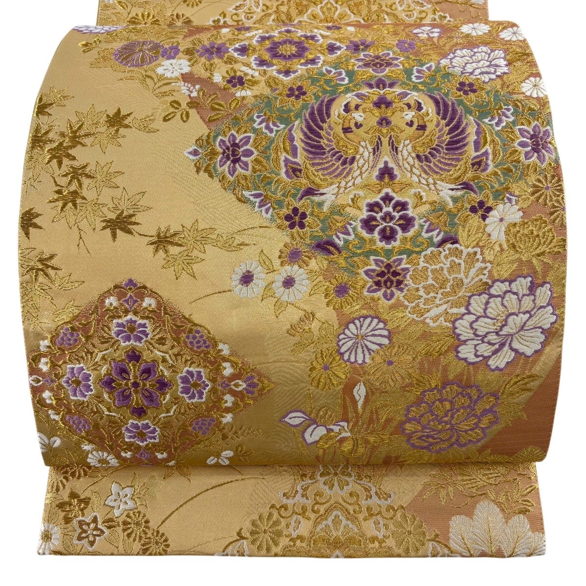 美品】 袋帯 逸品 じゅらく 落款あり 帝王紫 向かい鳥 草花 金糸 箔
