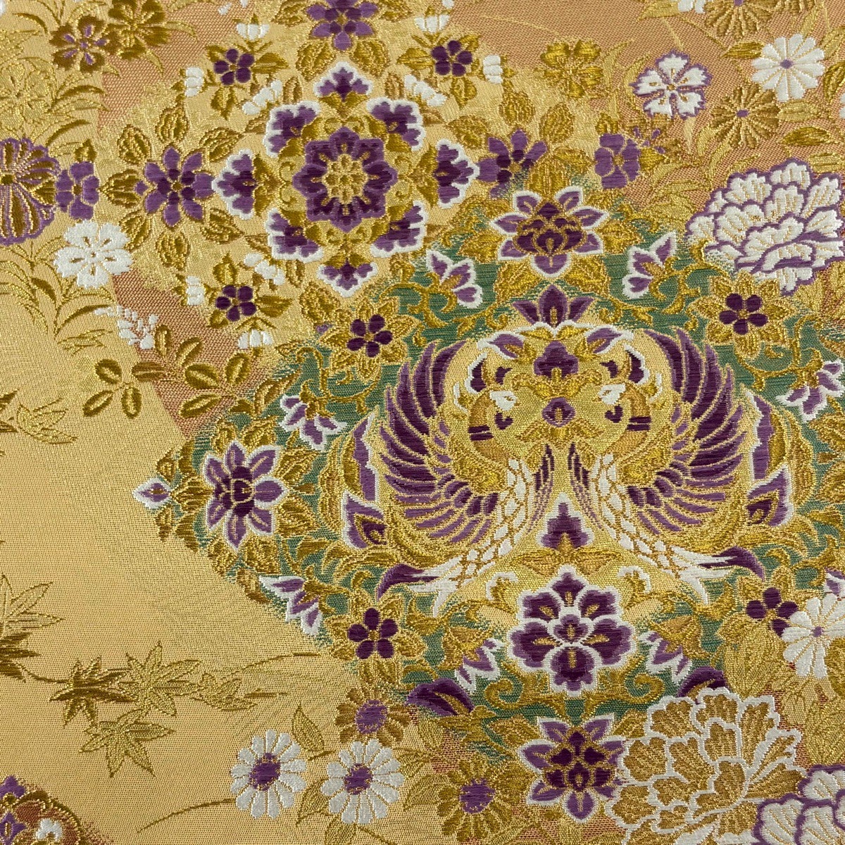 美品】 袋帯 逸品 じゅらく 落款あり 帝王紫 向かい鳥 草花 金糸 箔