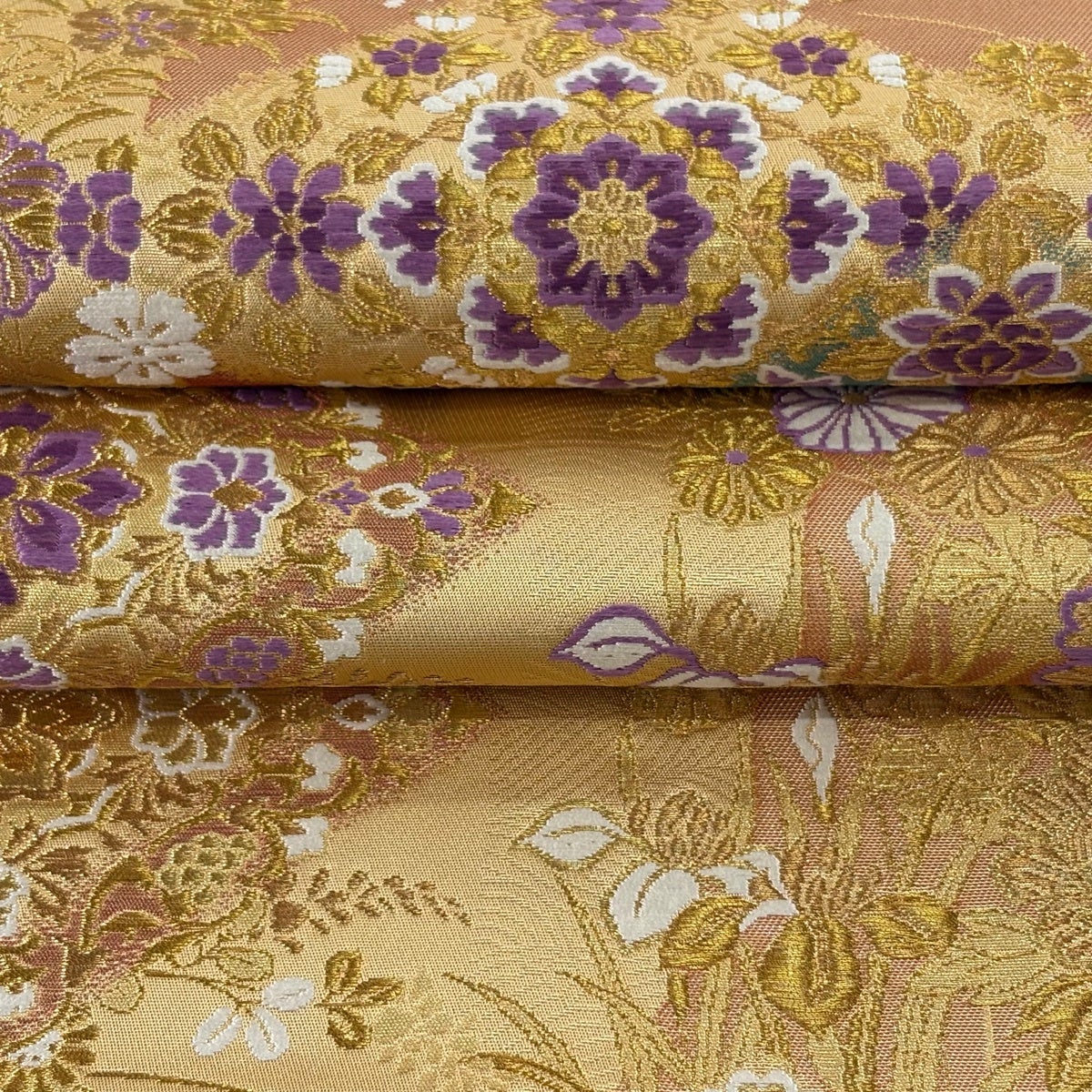 美品】 袋帯 逸品 じゅらく 落款あり 帝王紫 向かい鳥 草花 金糸 箔