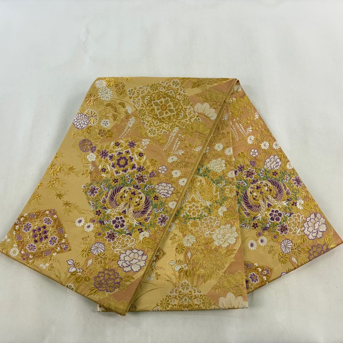 美品】 袋帯 逸品 じゅらく 落款あり 帝王紫 向かい鳥 草花 金糸 箔
