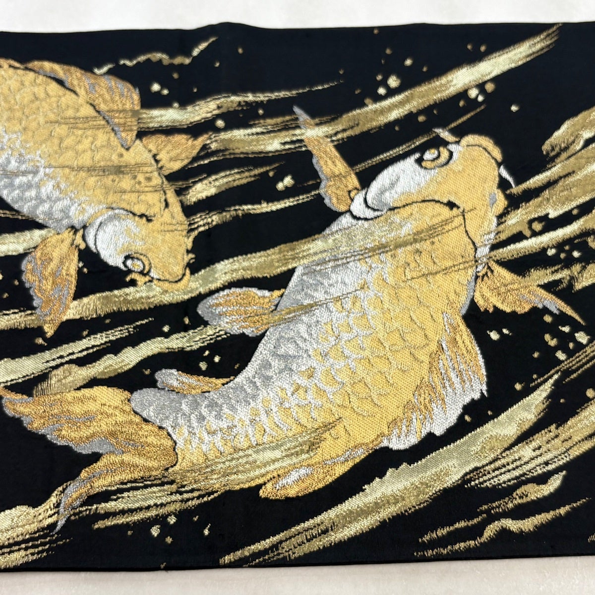 20%OFF 袋帯 逸品 鯉の滝登り 流水 金銀糸 箔 黒 お太鼓柄 正絹 K30