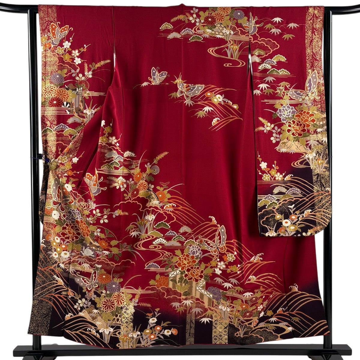美品】 振袖 身丈155cm 裄丈62.5cm S 袷 蝶 牡丹 金彩 ぼかし 赤 正絹