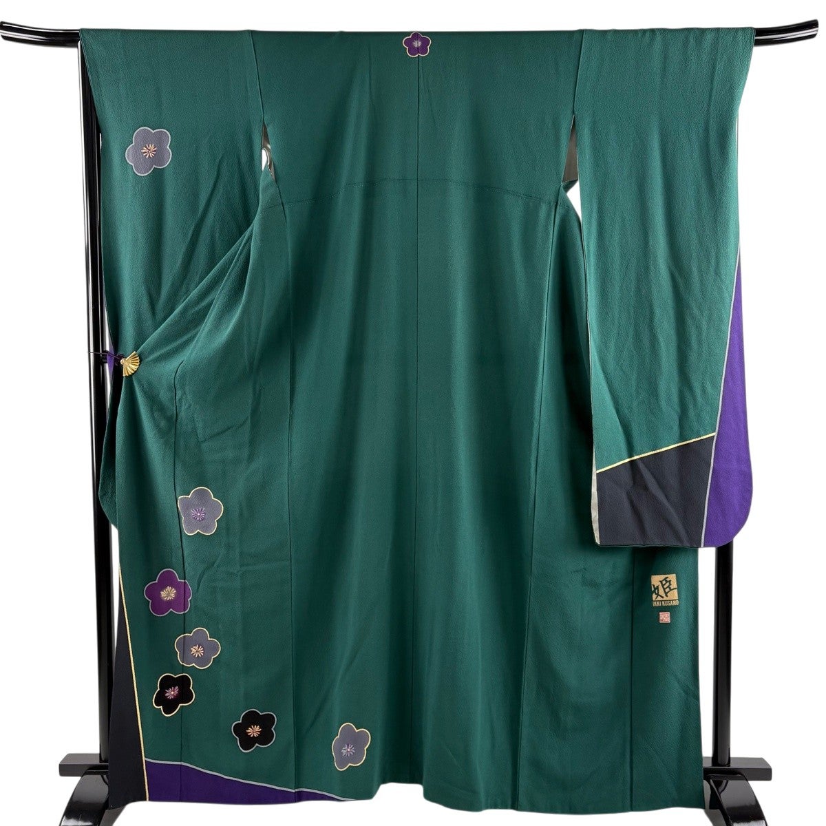 50%OFF 振袖 身丈155cm 裄丈65cm M 袷 斉藤三才 落款あり 緑 正絹 名品