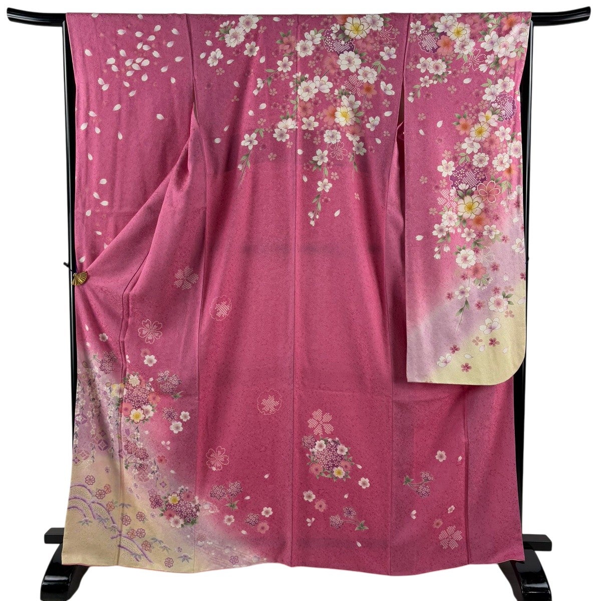 美品】 振袖 身丈156cm 裄丈62.5cm S 袷 御所車 桜 金彩 ぼかし 朱色