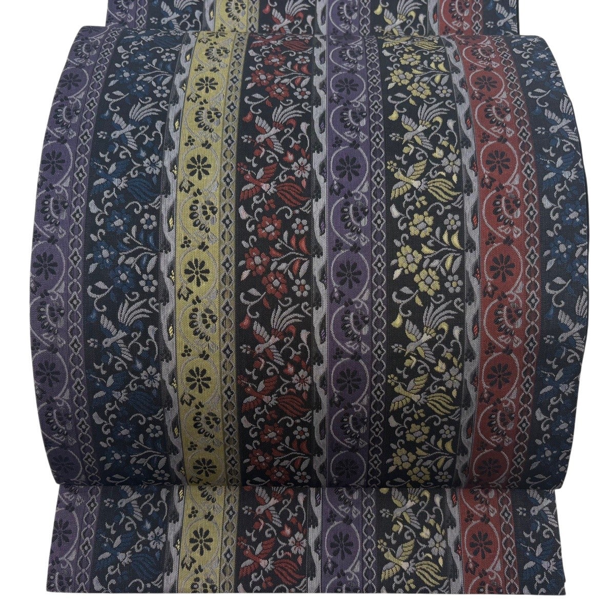 美品】 袋帯 名品 花唐草 銀糸 濃紫 全通 正絹｜中古・古着