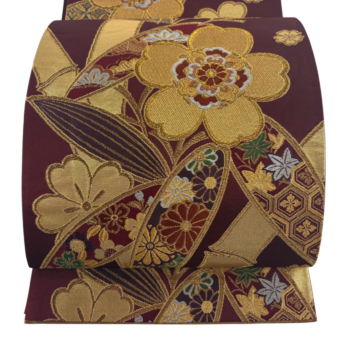美品】 袋帯 秀品 蝶 桜 金糸 箔 えんじ色 六通 正絹｜中古・古着