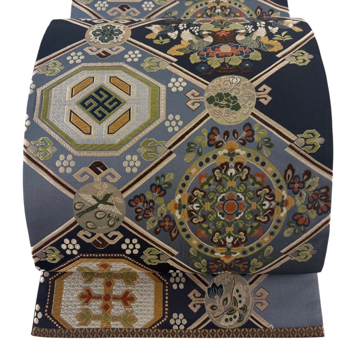 美品】 袋帯 秀品 雪輪 花 金糸 箔 黒灰 お太鼓柄 正絹 【中古】 袋帯