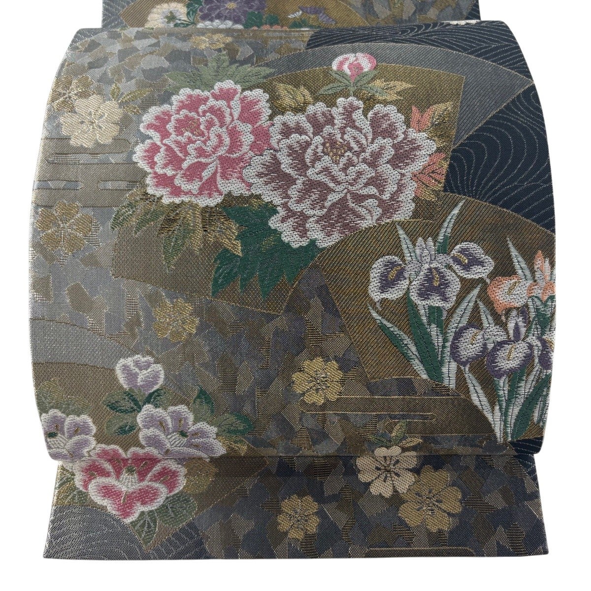 美品】 袋帯 秀品 亀甲 草花 金銀糸 箔 ベージュ 六通 正絹｜中古 