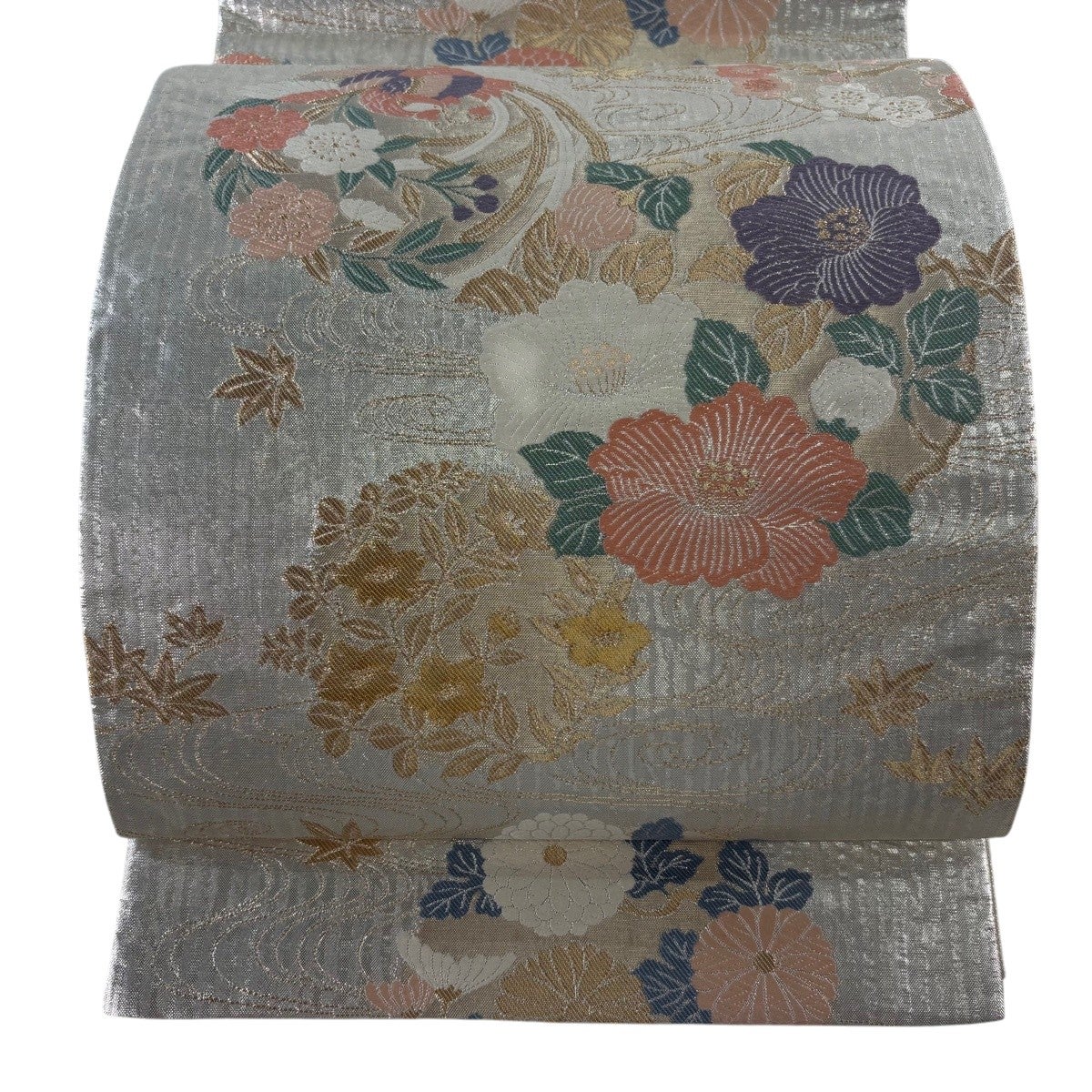 美品】 袋帯 秀品 夏帯 紗 花丸文 秋草 金糸 箔 灰茶 六通 正絹｜中古