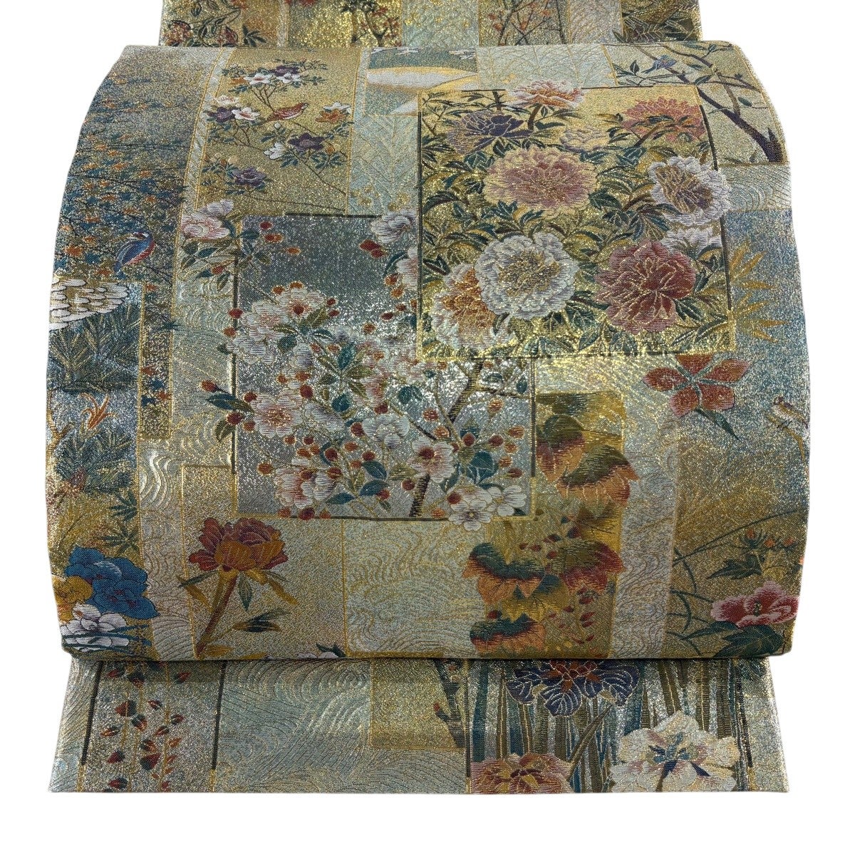 美品】 袋帯 名品 近代花鳥画 箔 金糸 金色 お太鼓柄 正絹｜中古・古着