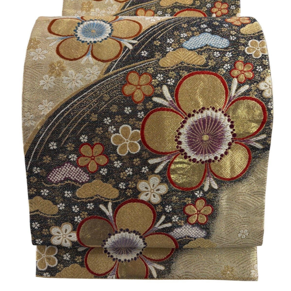 最終価格】 70%OFF 袋帯 秀品 梅 笹 金糸 刺繍 金色 六通 正絹 K70 
