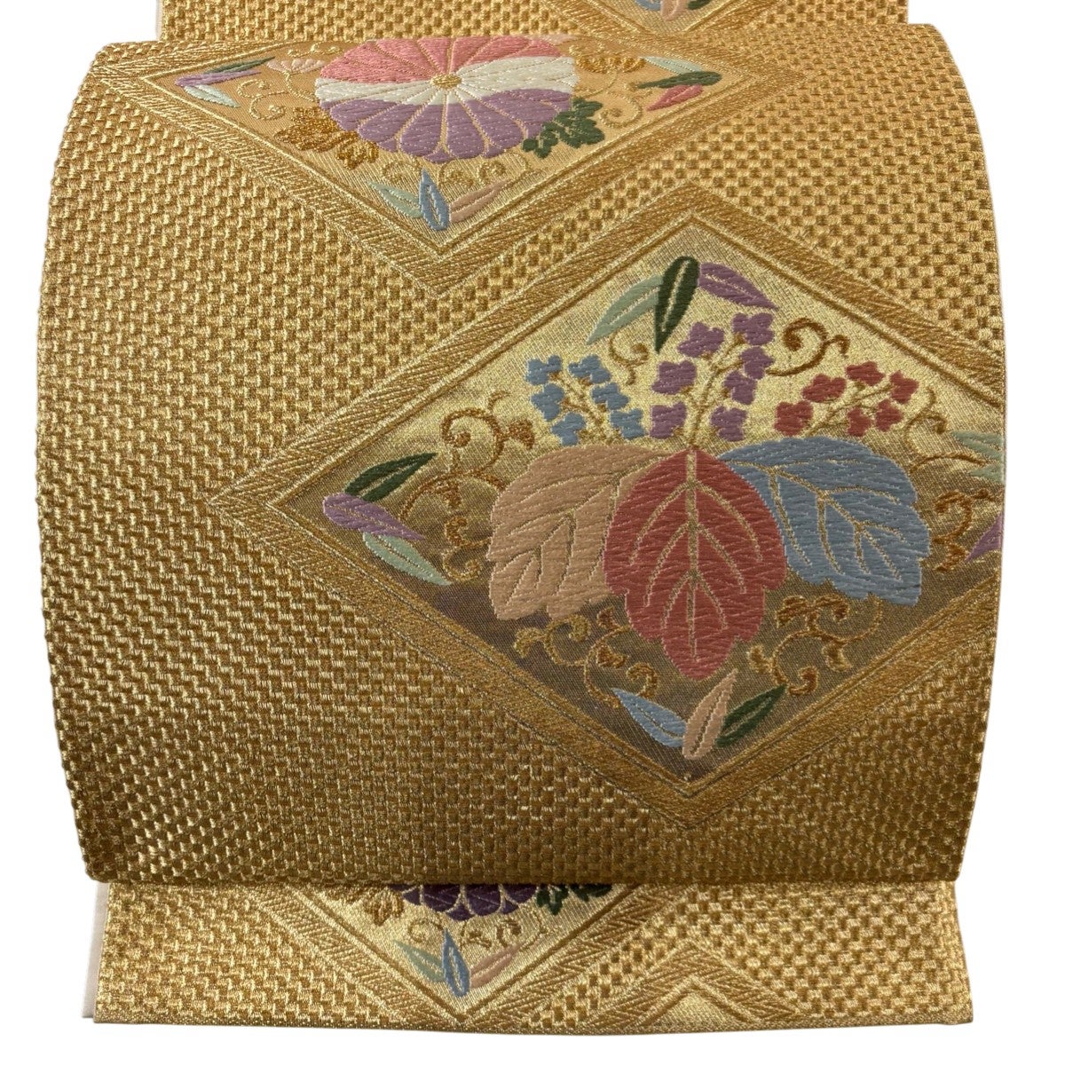 美品】 袋帯 秀品 関西仕立て 菊 桐 刺繍 金糸 青灰色 六通 正絹｜中古