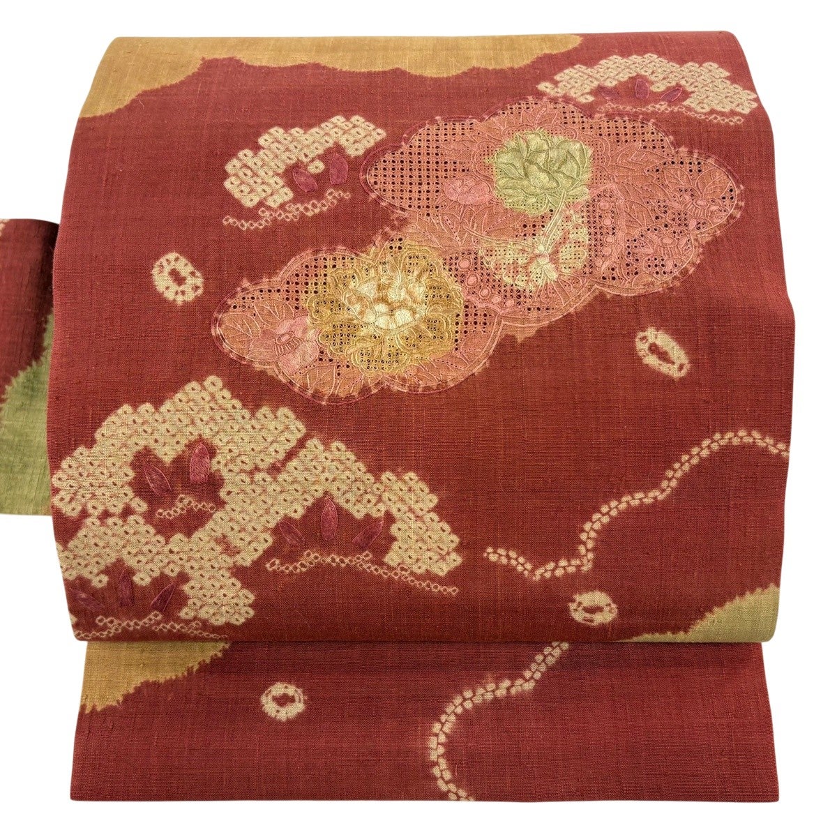 美品】 名古屋帯 逸品 紬地 うさぎ 葉 相良刺繍 深緑 正絹｜中古・古着