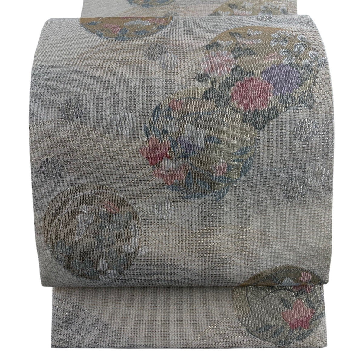 美品】 袋帯 秀品 夏帯 紗 花丸文 秋草 金糸 箔 灰茶 六通 正絹｜中古