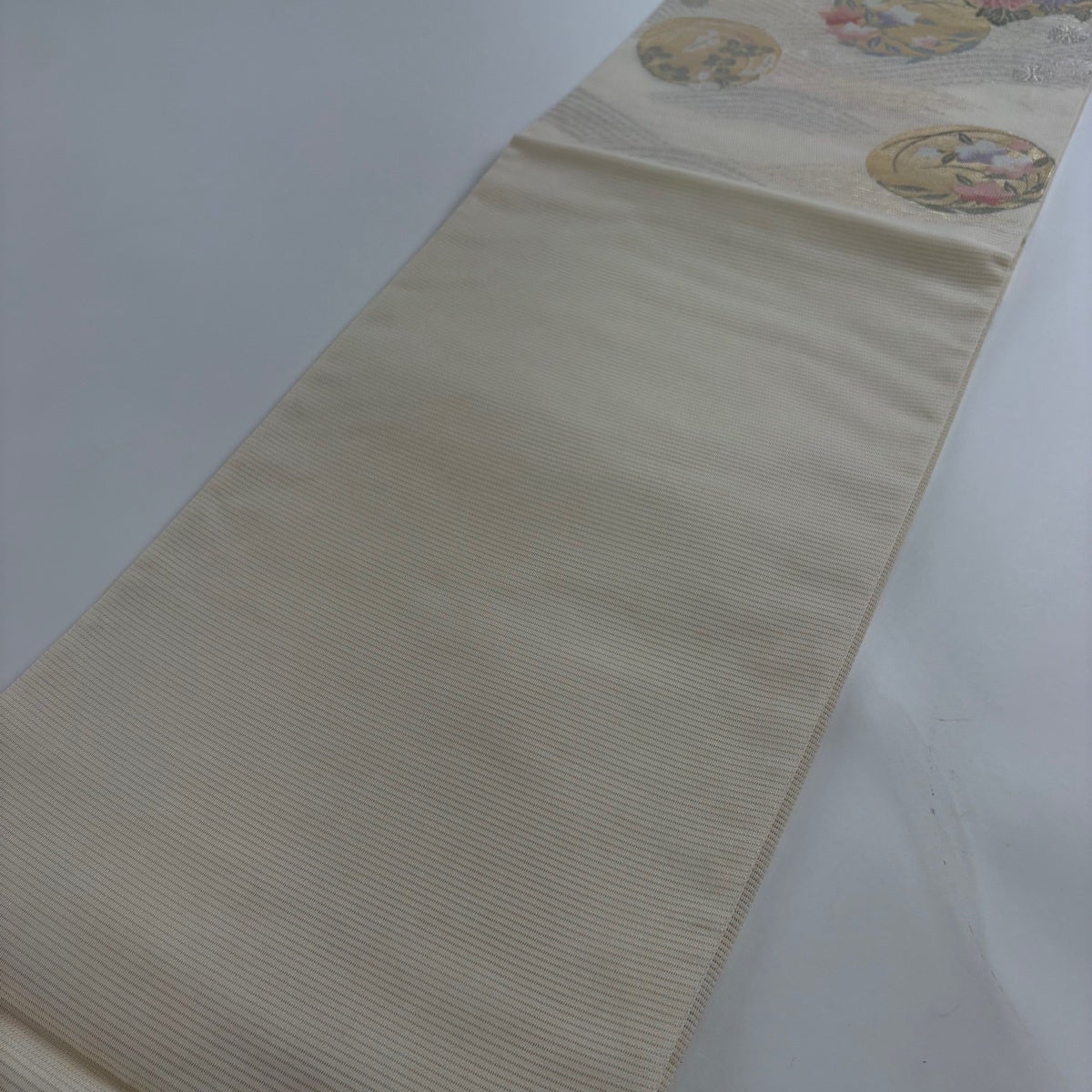 袋帯 秀品 夏帯 絽 花丸文 波 箔 クリーム 六通 正絹｜中古・古着