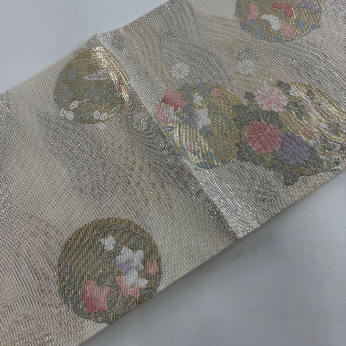袋帯 秀品 夏帯 絽 花丸文 波 箔 クリーム 六通 正絹｜中古・古着
