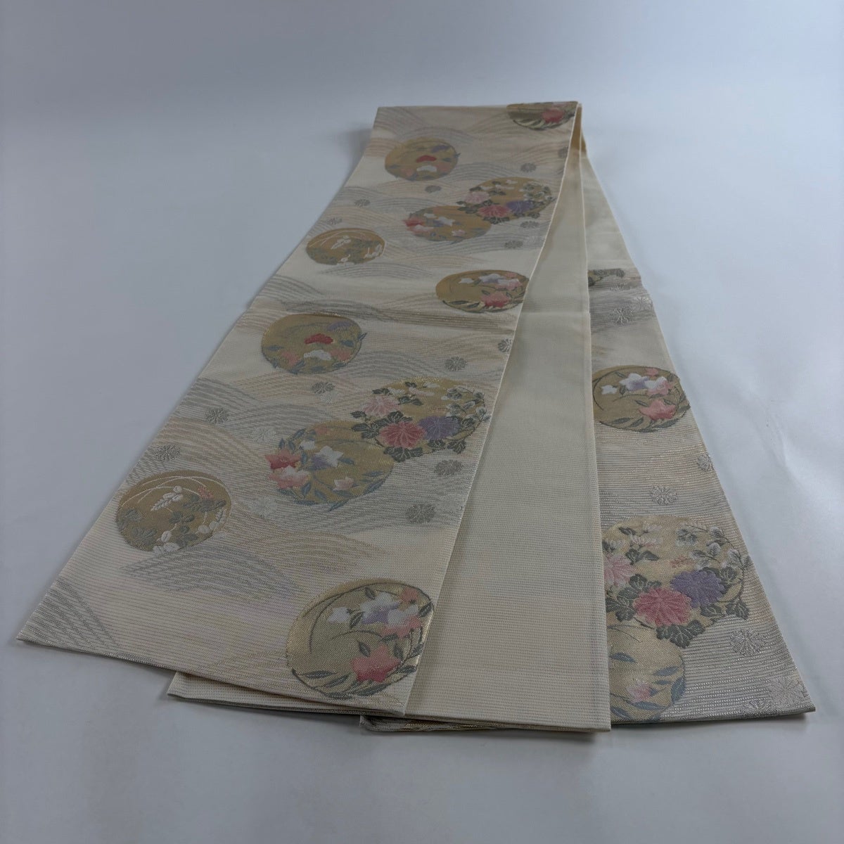 袋帯 秀品 夏帯 絽 花丸文 波 箔 クリーム 六通 正絹｜中古・古着
