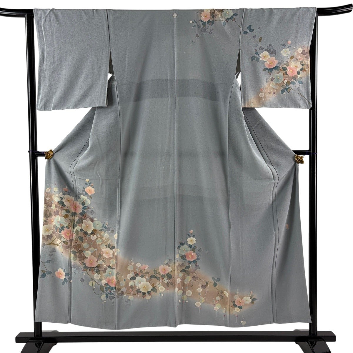 訪問着 身丈159cm 裄丈65cm M 袷 文箱 草花 刺繍 青灰色 正絹 秀品