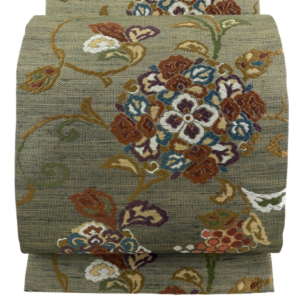 美品】 袋帯 名品 落款あり 鳳凰 花唐草 金糸 箔 赤茶 六通 正絹｜中古