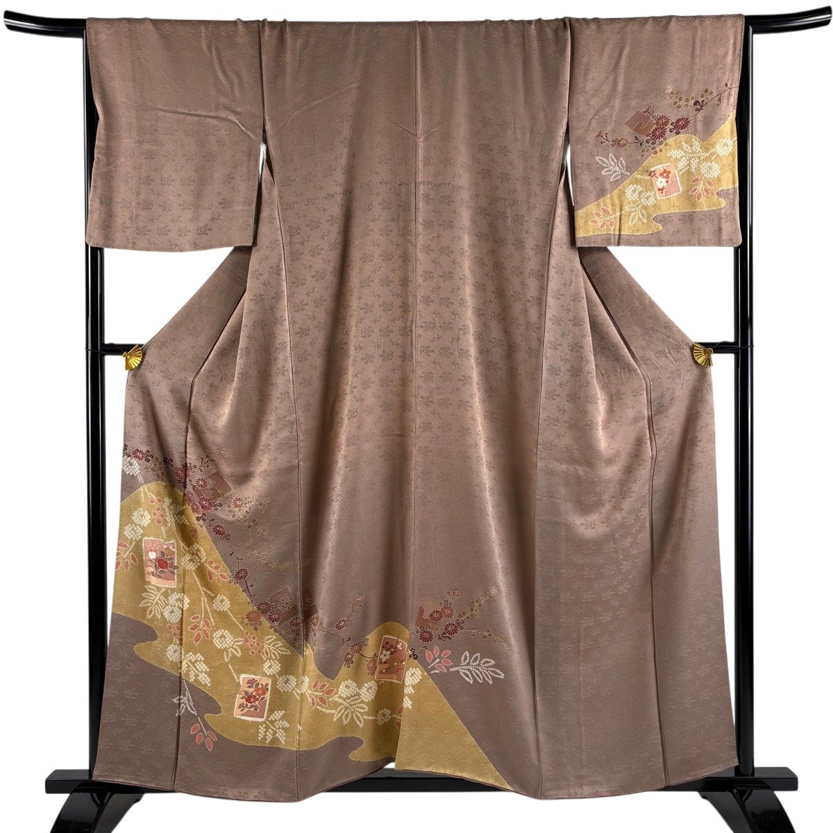 振袖 身丈161cm 裄丈66cm M 袷 団扇 菊 金糸 金彩 薄ピンク 正絹 秀品