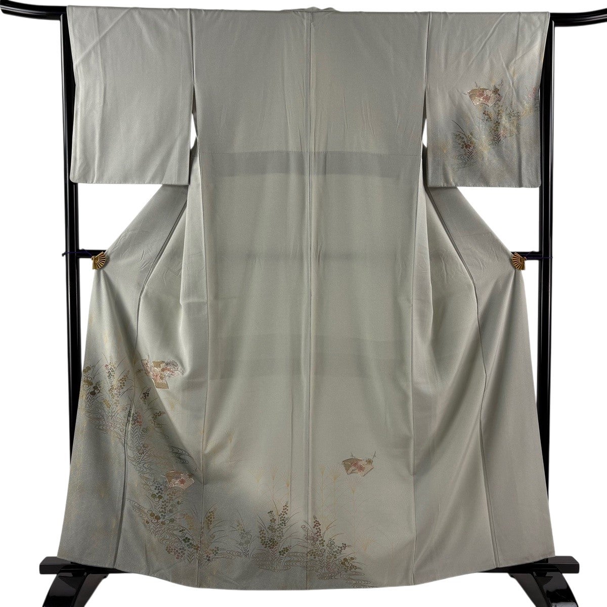 付下げ 身丈162cm 裄丈64.5cm M 袷 扇面 草花 金銀糸 金彩 灰緑 正絹
