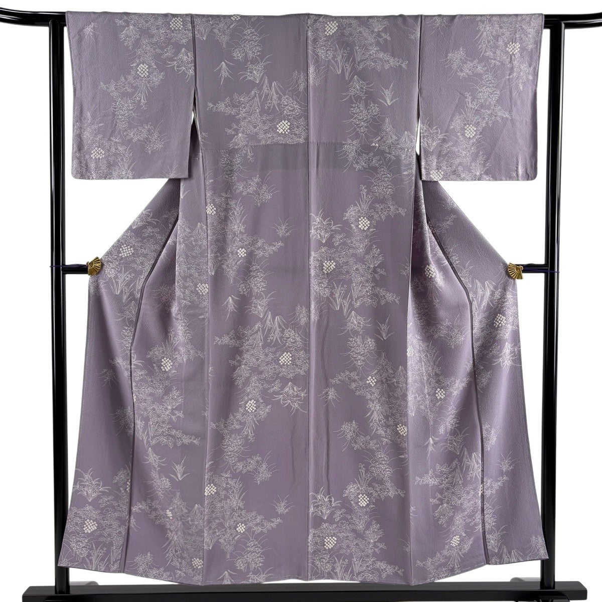 小紋 身丈153cm 裄丈61cm S 袷 草花 絞り 縮緬 薄紫 正絹 秀品｜中古