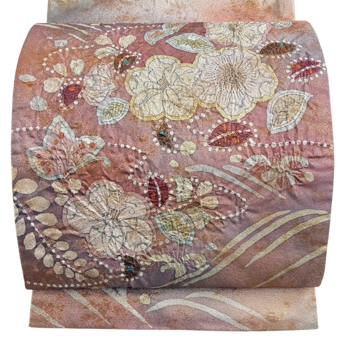 美品】 袋帯 秀品 落款あり 草花 蝶 箔 ピンク お太鼓柄 正絹｜中古