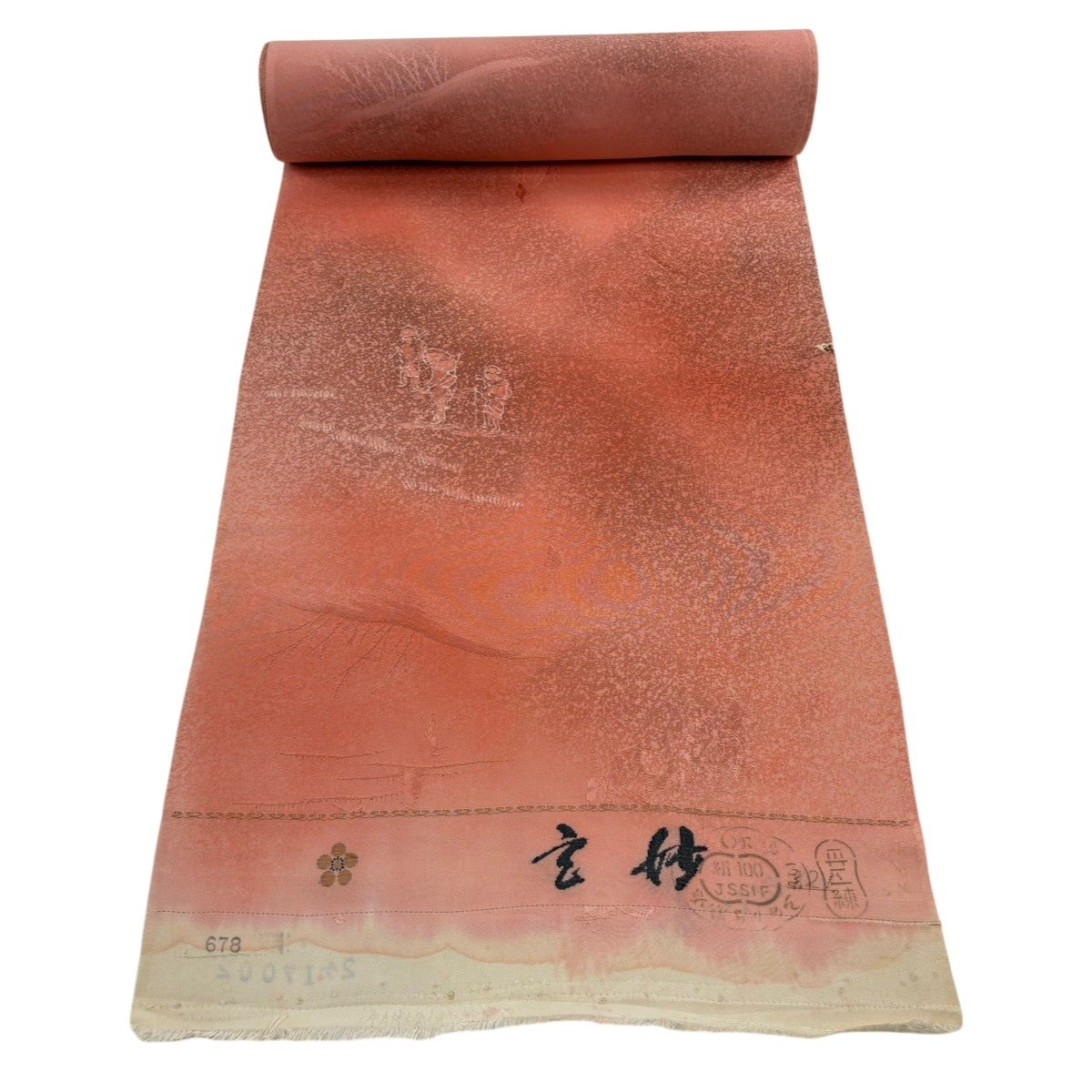 反物 秀品 小紋 建物 草花 薄ピンク 正絹｜中古・古着・リサイクル着物