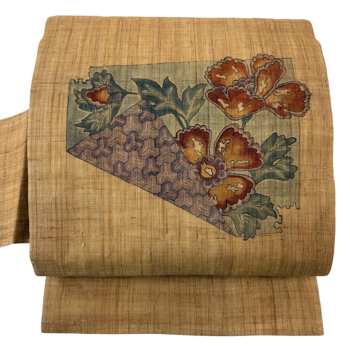 開き名古屋帯 名品 落款あり 草花 雲文 絞り 縮緬 茶色 正絹｜中古