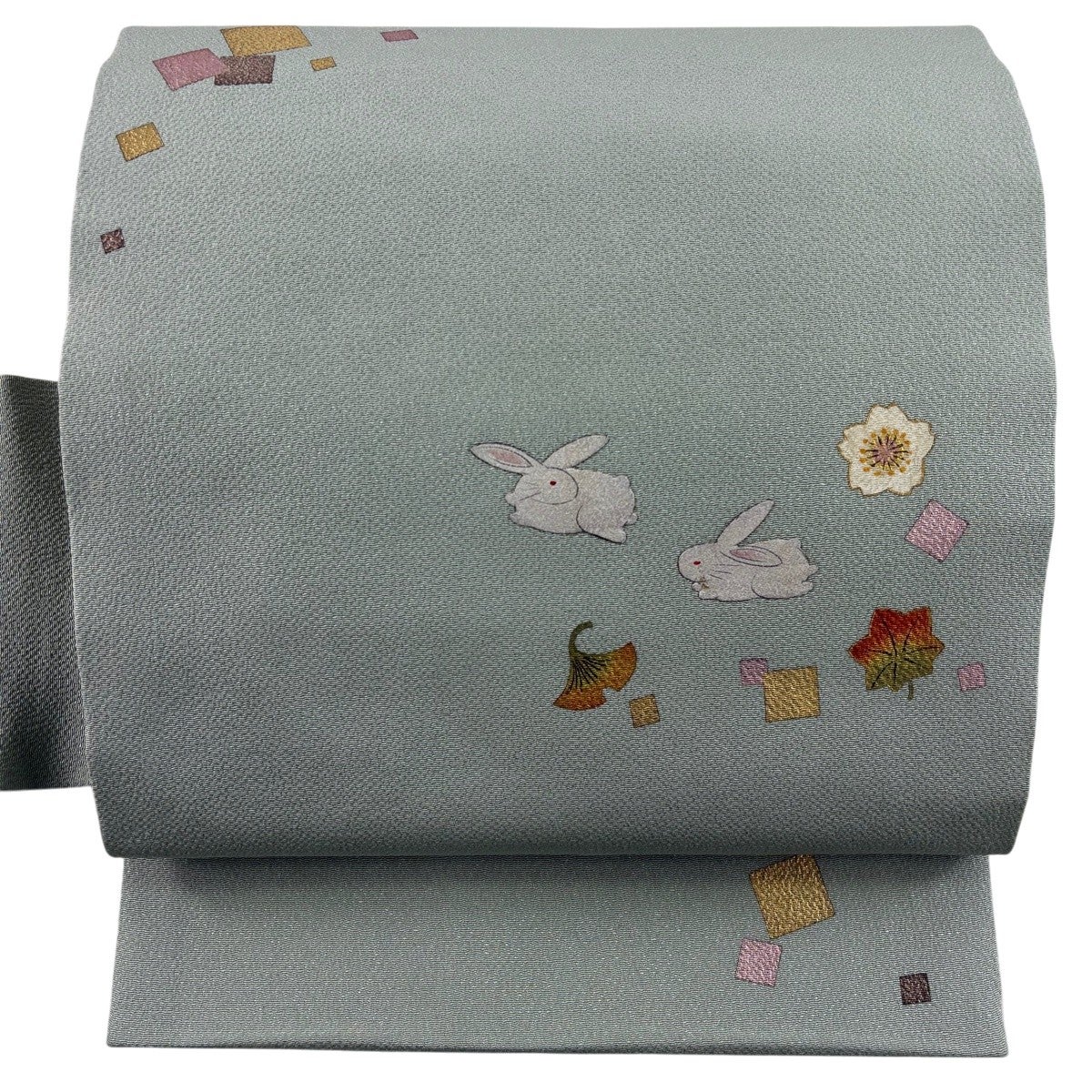 名古屋帯 逸品 ホリヒロシ 落款あり うさぎ 桜 金彩 薄緑 正絹｜中古