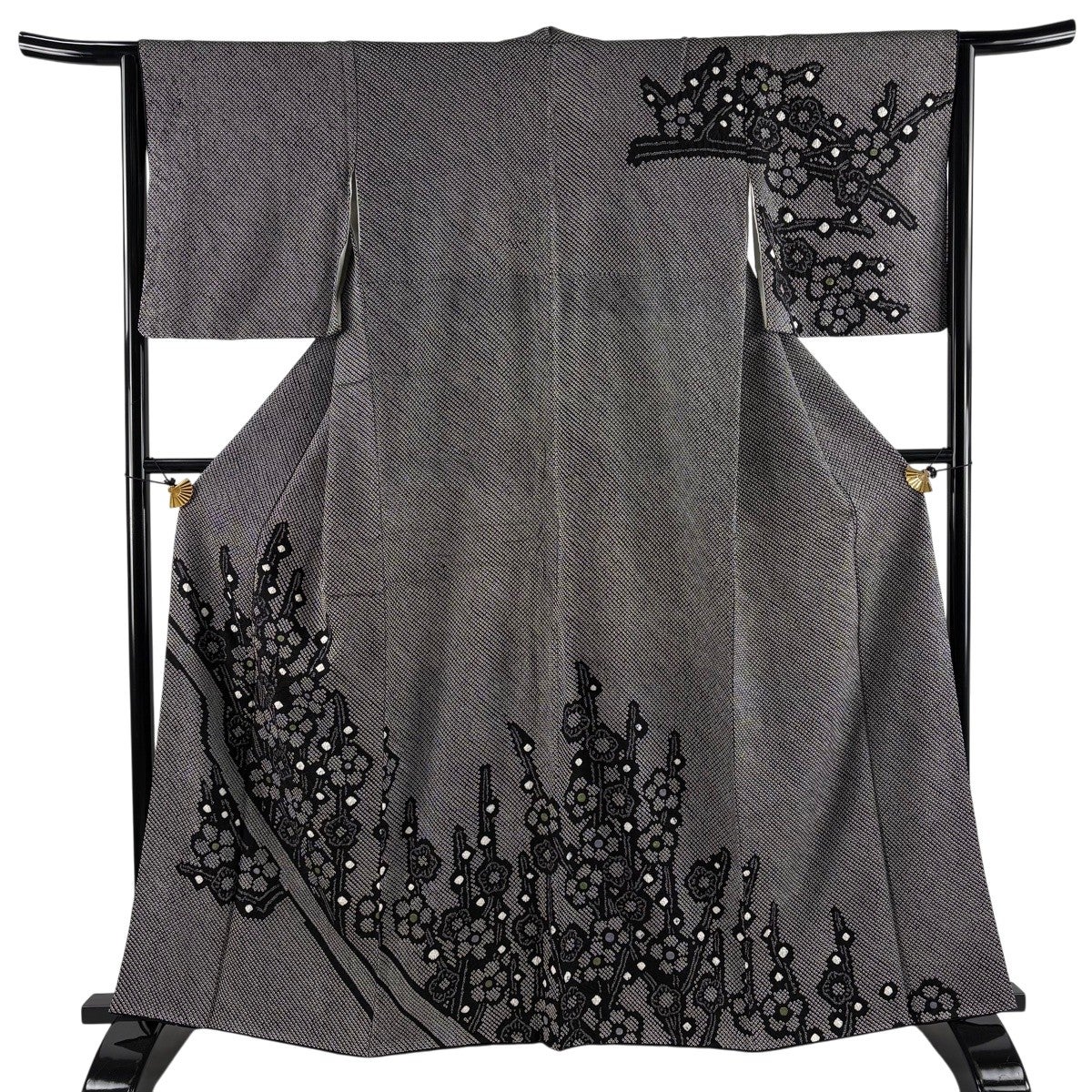 美品】 訪問着 身丈154cm 裄丈61cm S 袷 菊 松竹梅 金彩 絞り 黒 正絹