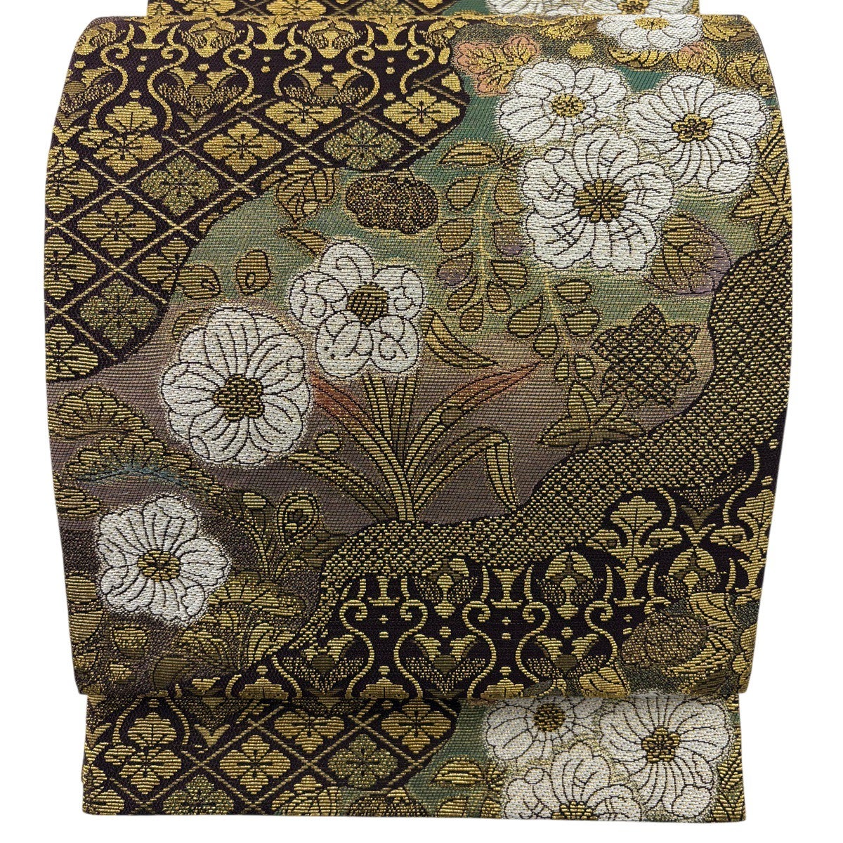 美品】 袋帯 名品 花菱 幾何学模様 金銀糸 箔 銀色 六通 正絹｜中古