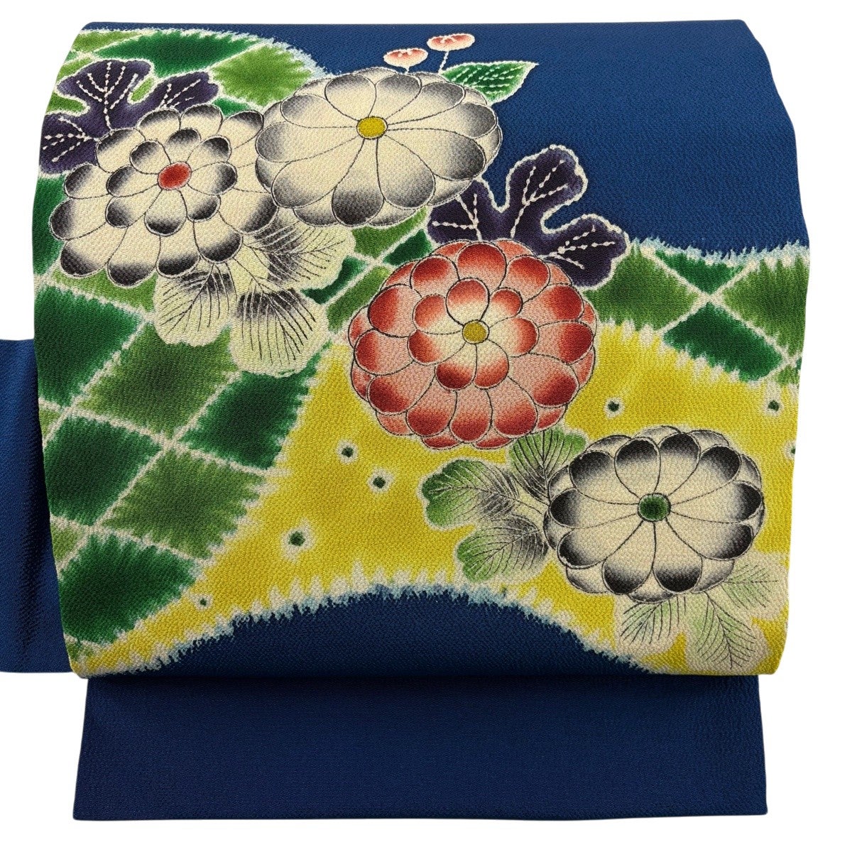 名古屋帯 逸品 落款あり 伊勢型染 草花 縮緬 黒 正絹｜中古・古着