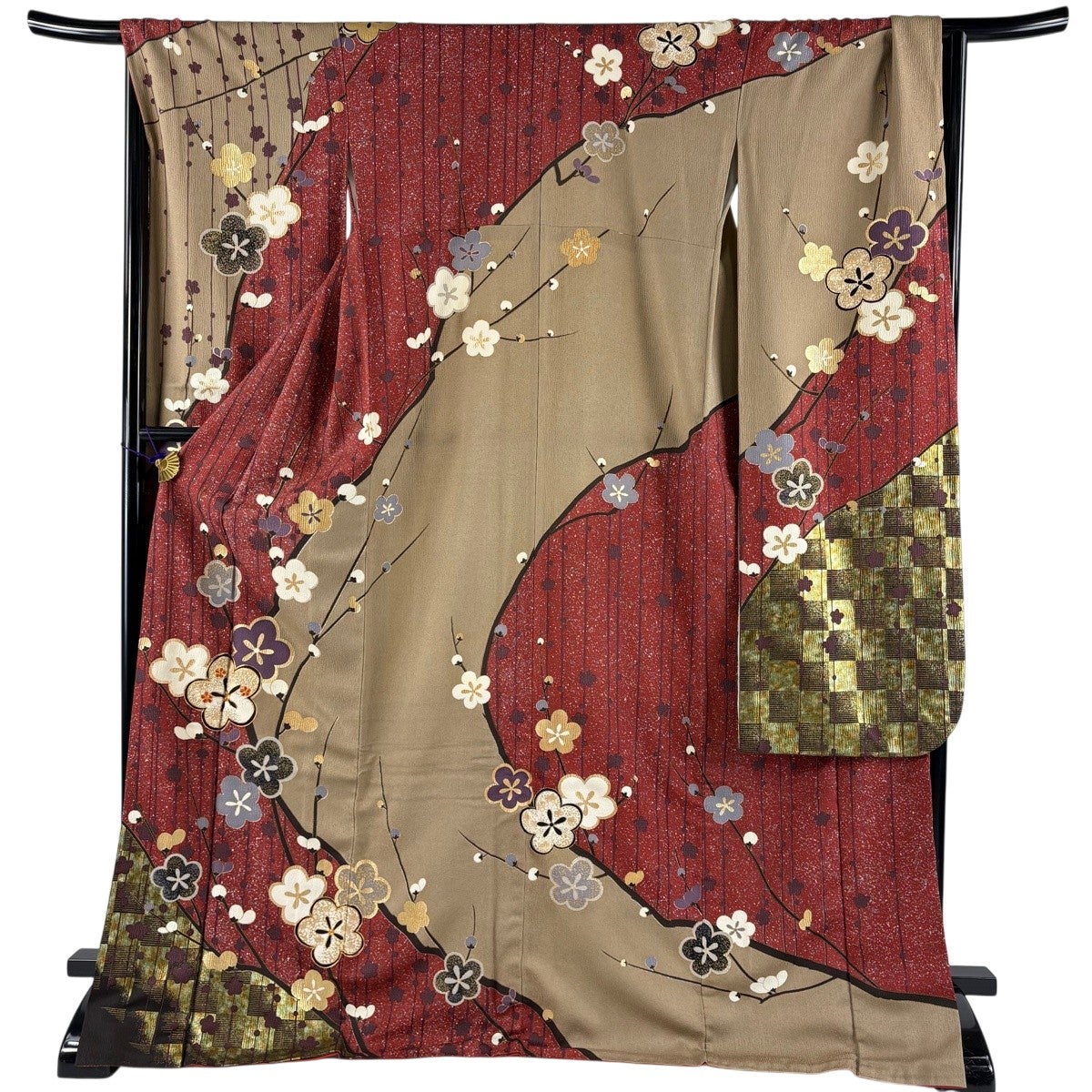 振袖 身丈157cm 裄丈63.5cm S 袷 牡丹 枝梅 金糸 金彩 緑 正絹 秀品