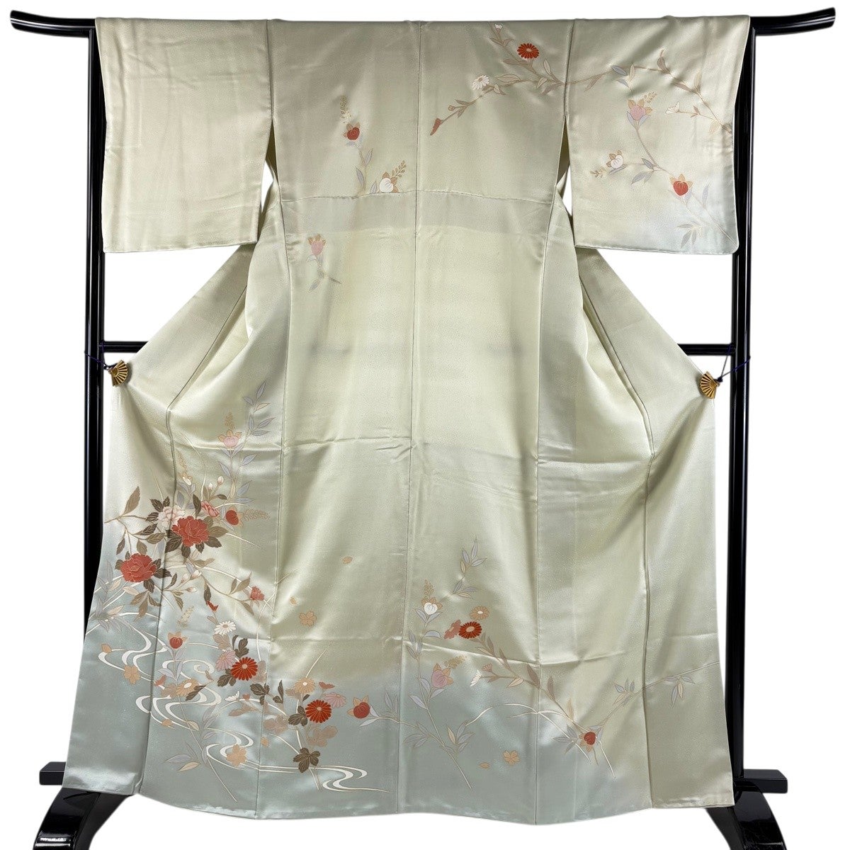 訪問着 身丈164cm 裄丈66.5cm M 袷 扇 橘 金彩 ぼかし 薄緑 正絹 秀品