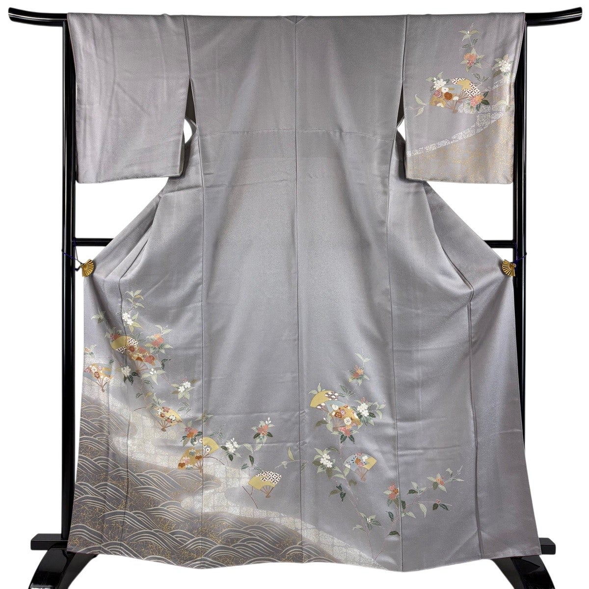 美品】 訪問着 身丈156cm 裄丈65.5cm M 袷 桜 蝶 金糸 金彩 灰色 正絹