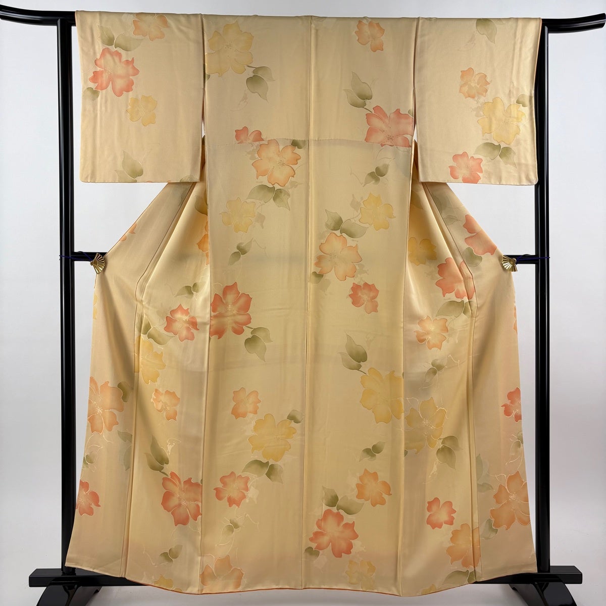 小紋 身丈162cm 裄丈64cm M 袷 紬地 霞 薄黄土色 正絹 秀品｜中古