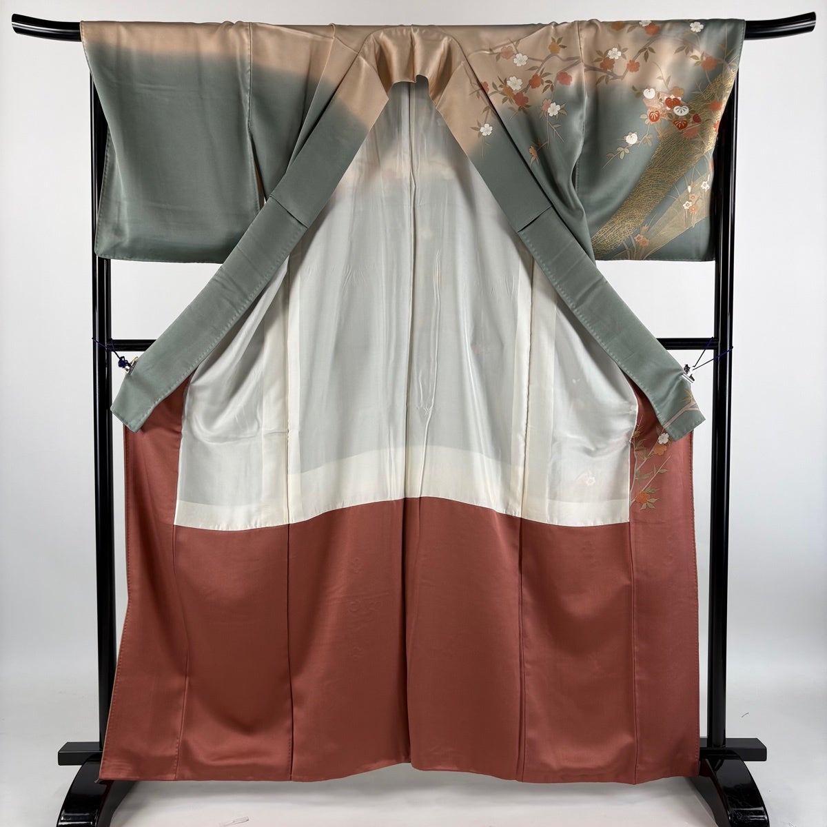 新古品！美品＊枝垂れ花＆花扇＊金彩尽し＊刺繡＊総柄＊訪問着＊１６２ｃｍ＊裄６９ 訪問着 身丈162cm 裄丈69cm L 袷 落款あり 花扇 波 刺繍 金彩 灰緑
