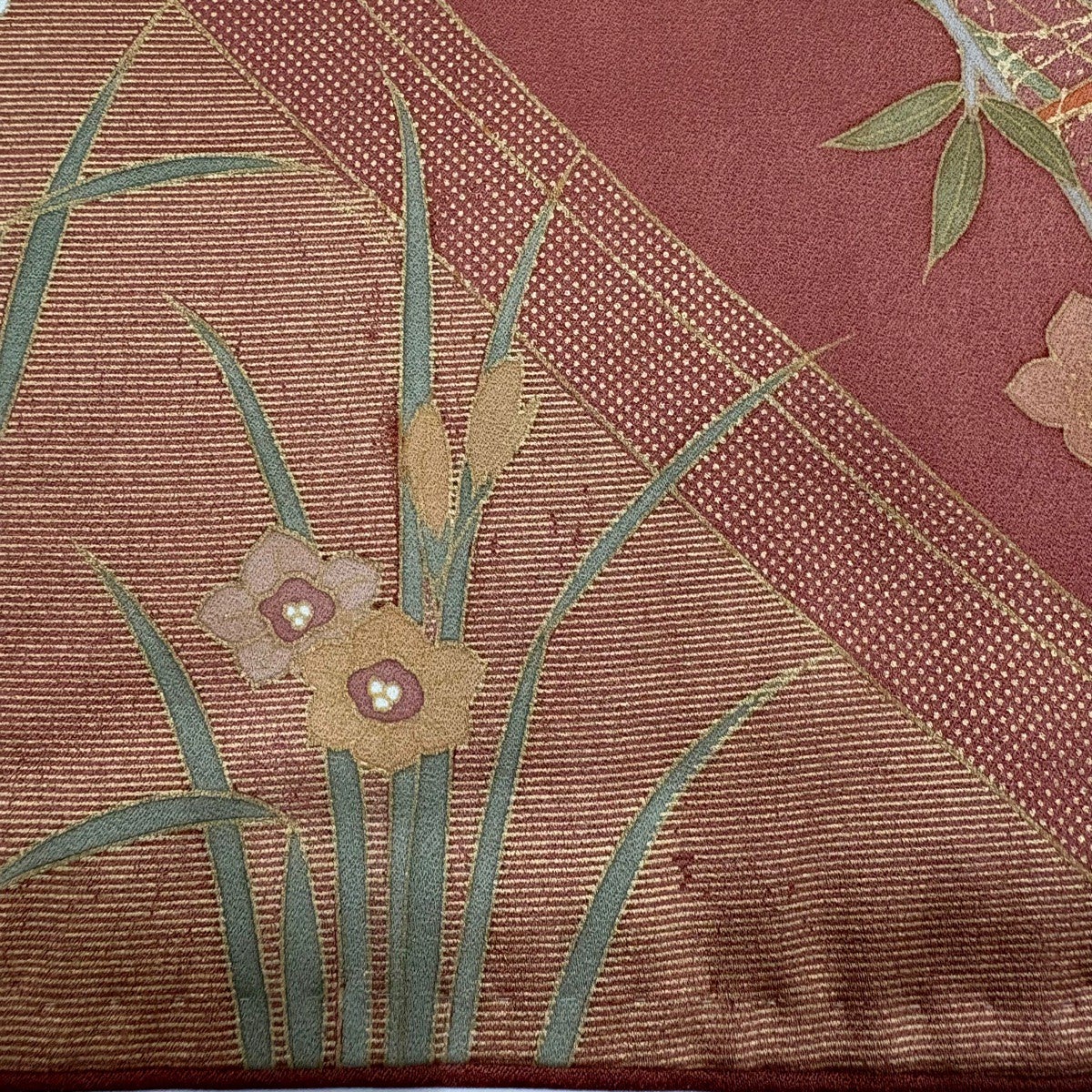 訪問着 身丈162cm 裄丈69cm L 袷 落款あり 花扇 波 刺繍 金彩 灰緑