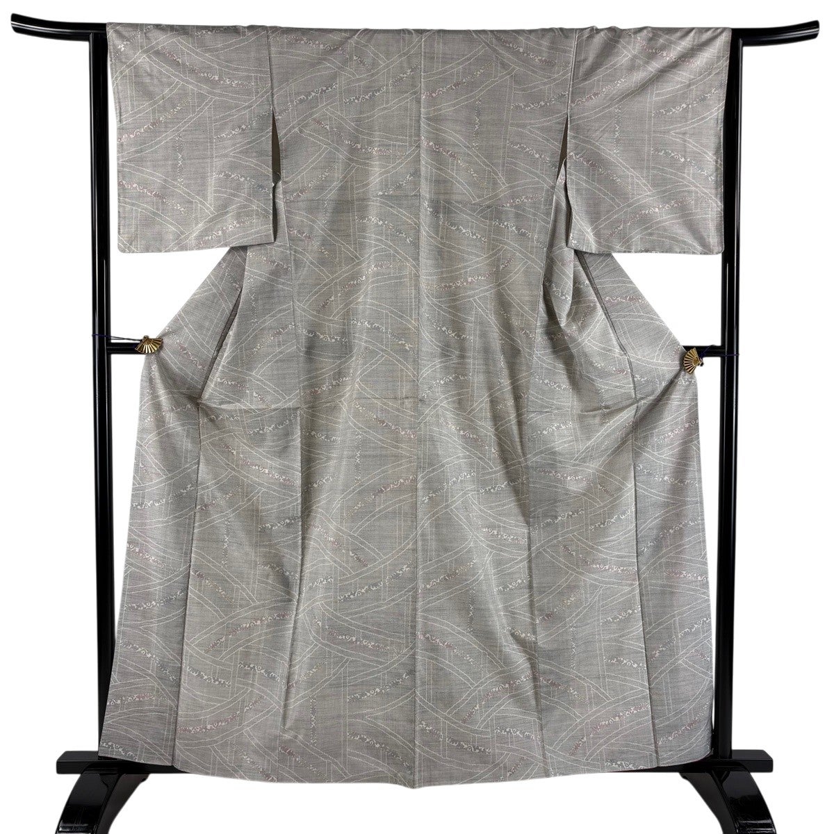 紬 身丈158.5cm 裄丈62cm S 袷 丸柄 幾何学 灰色 正絹 秀品｜中古