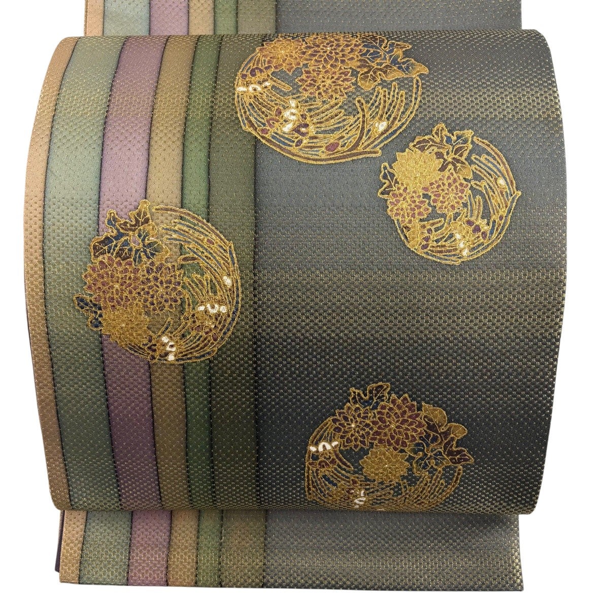 美品】 袋帯 秀品 夏帯 丸文 草花 金糸 紺色 お太鼓柄 正絹｜中古